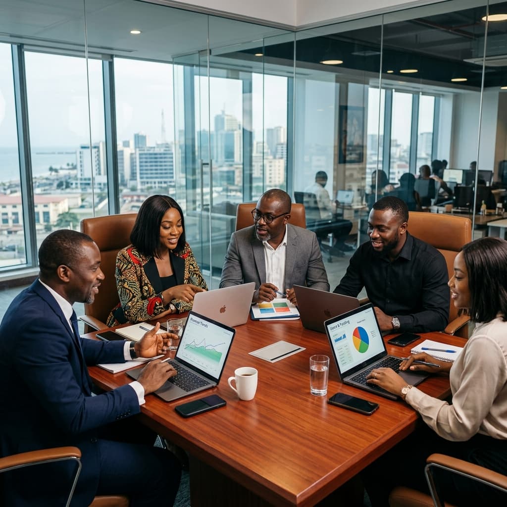 Lagos tech co-founders collaborating in conference room